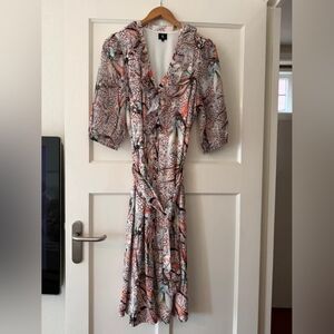 Lightweight Printed V-Neck Midi Dress with Ruffle Detail - Multi